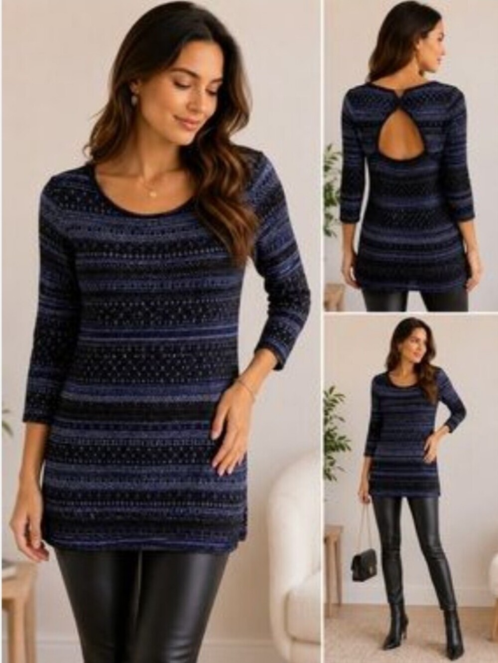 White House Black Market Sweater Black Blue Stripe Knit Cut Out Tunic WHBM Sz XS